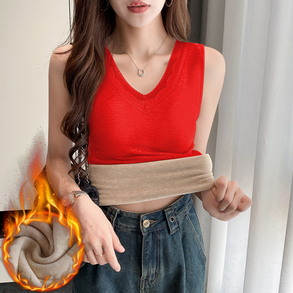 保暖背心女带胸垫加绒加厚打底衫秋冬季防寒V领大码无袖内搭上衣,淘宝优惠券,粉丝福利购,淘宝优惠卷