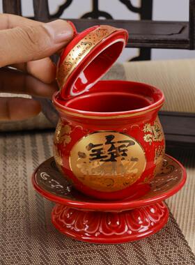 陶瓷描金佛堂文武财神爷供水杯