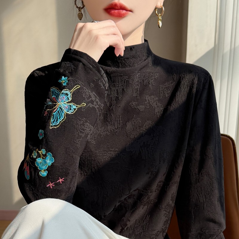 新中式刺绣长袖上衣女半高领提花高级感气质打底衫秋冬款加绒加厚,淘宝优惠券,粉丝福利购,淘宝优惠卷