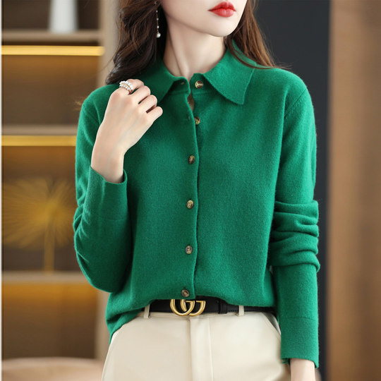 Wool single-breasted POLO collar solid color sweater