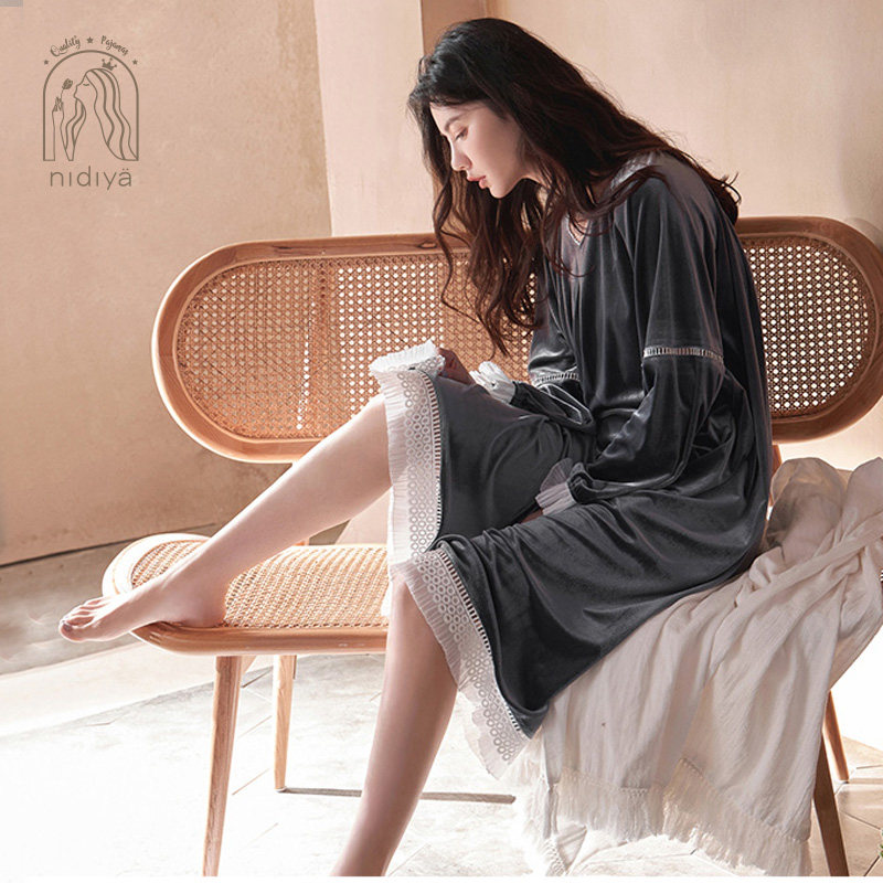 妮狄娅秋冬金丝绒长袖冬可外穿睡裙 妮狄娅服饰睡裙