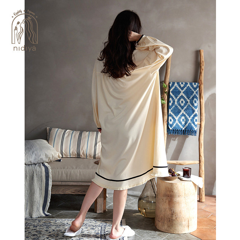 妮狄娅春秋纯棉长袖简约中长款睡裙 妮狄娅服饰睡裙