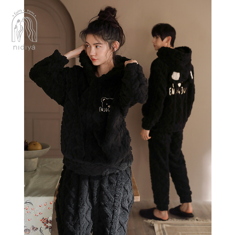 妮狄娅新款情侣睡衣女冬珊瑚绒格子长袖连帽套头男保暖家居服套装,淘宝优惠券,粉丝福利购,淘宝优惠卷