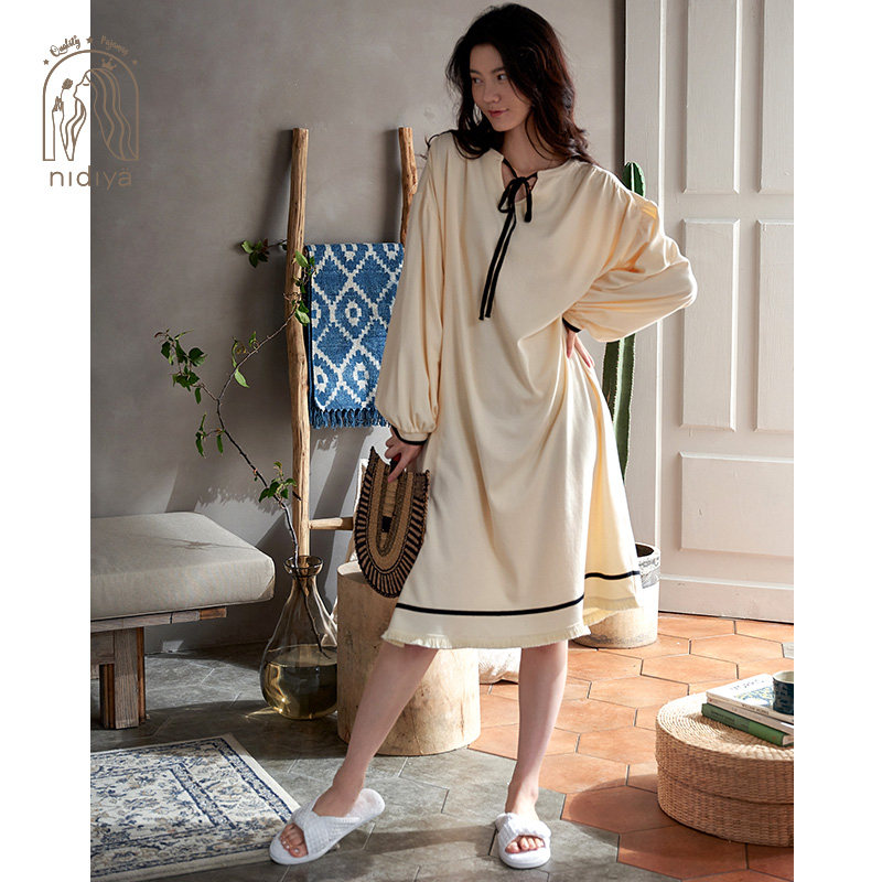 妮狄娅春秋纯棉长袖简约中长款睡裙 妮狄娅服饰睡裙