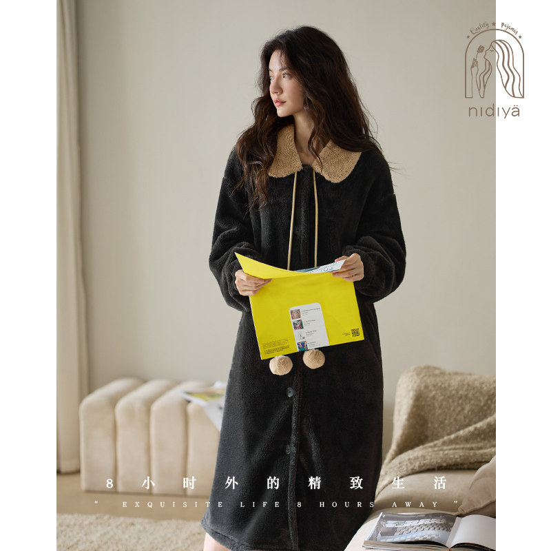 妮狄娅睡衣睡袍女冬季加厚保暖珊瑚绒减龄娃娃领复古中长袍家居服,淘宝优惠券,粉丝福利购,淘宝优惠卷