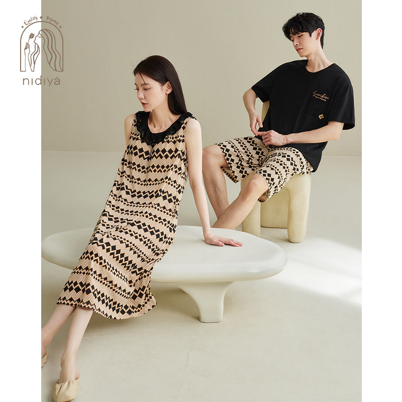 妮狄娅夏季情侣睡衣女纯棉带胸垫背心睡裙男休闲可外穿家居服套装,淘宝优惠券,粉丝福利购,淘宝优惠卷