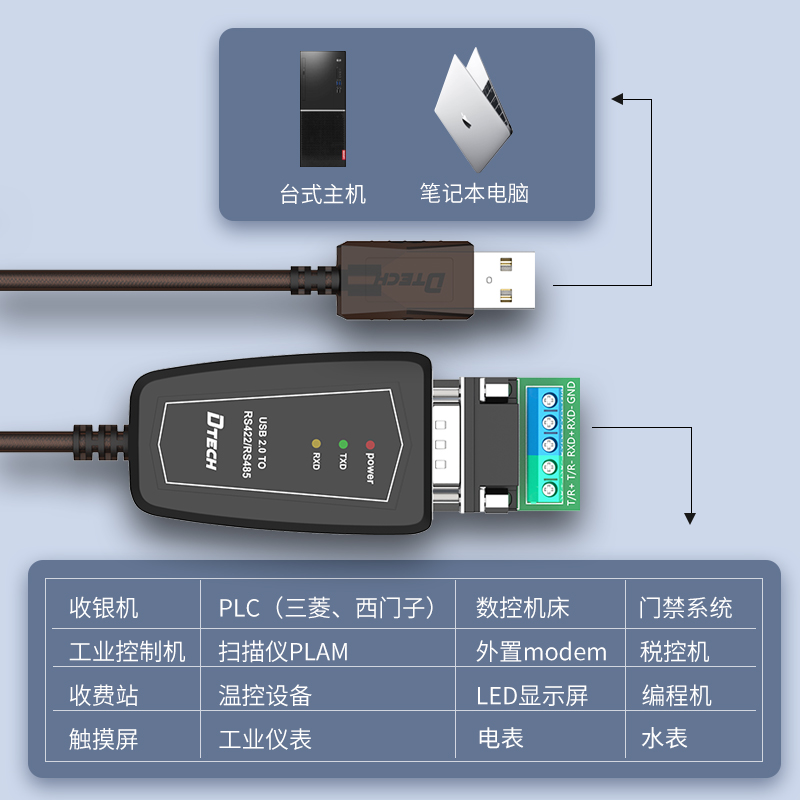 帝特usb转rs485/422串口数据线9针工业级转usb通讯模块转换器ft232r芯片防浪涌光电隔离双向传输公对公连接 - 图1