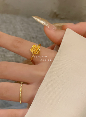 金色中式立体玫瑰花戒指女可调节