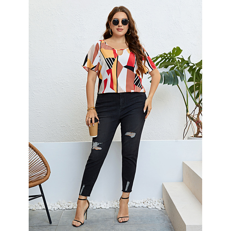 Summer Color-Block Loose Breathable Plus Size Women Top - 图2