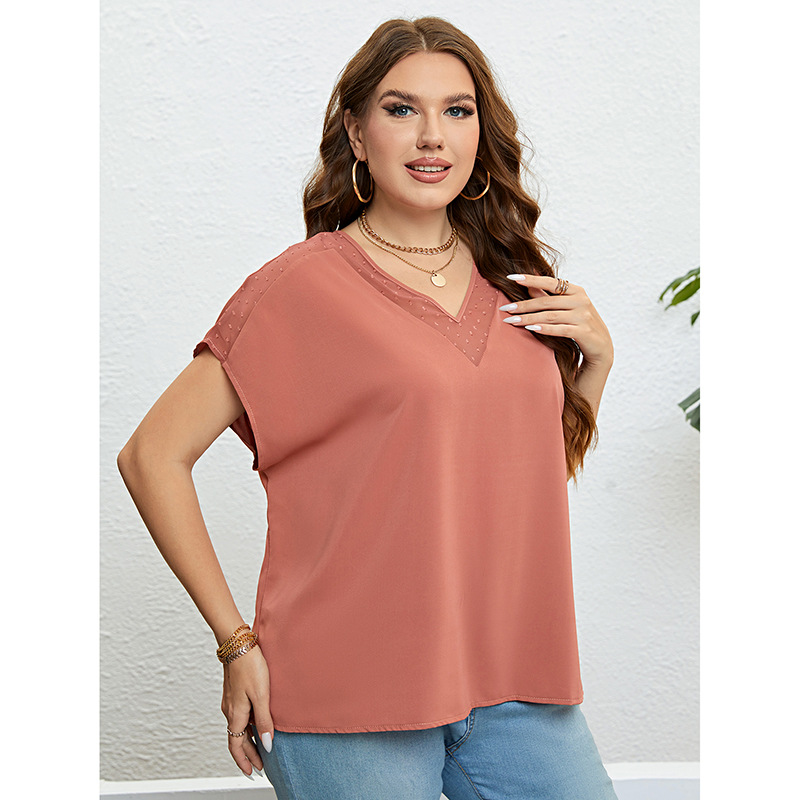 Summer Loose Fit Casual V-Neck Brick Red Top for Women - 图1