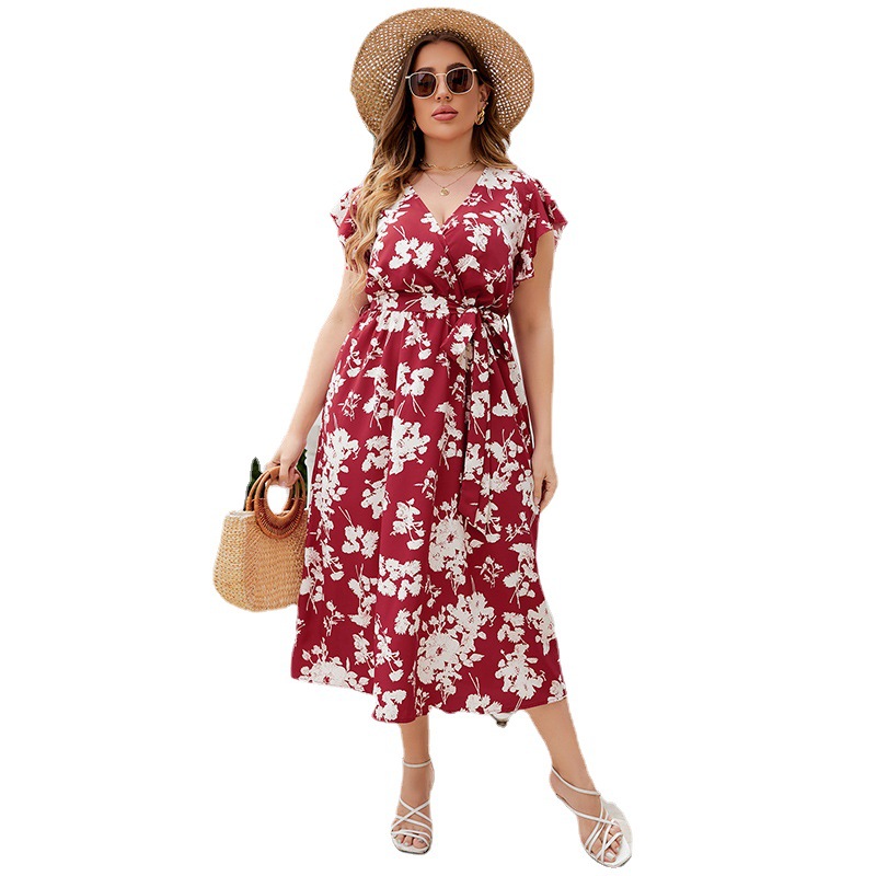 summer flower print women plus size dress 夏季大码显瘦连衣裙 - 图3