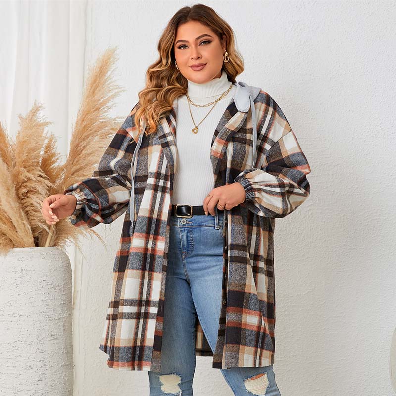 Fall/Winter new women plus size plaid hooded mid-length coat - 图0