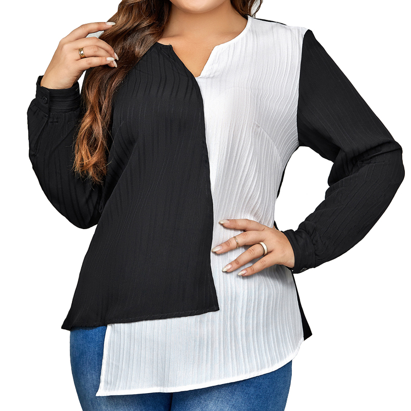 Women Plus Size Shirt with Irregular Color-Blocked Design - 图3