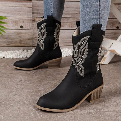 Women's Chunky Heel Mid-Calf Vintage Western Cowboy Boots 靴 - 图0