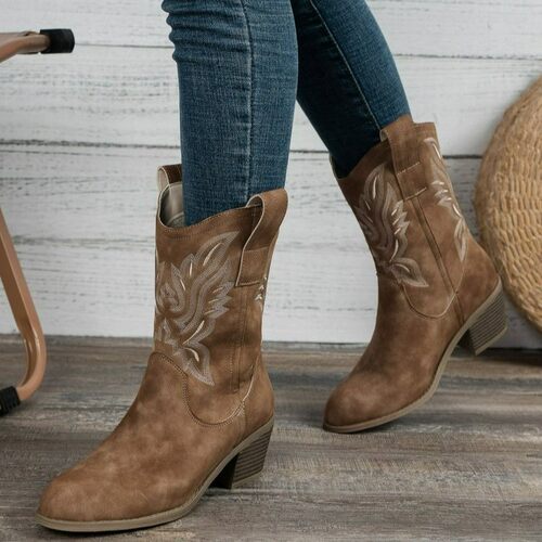 Women's Chunky Heel Mid-Calf Vintage Western Cowboy Boots 靴 - 图1