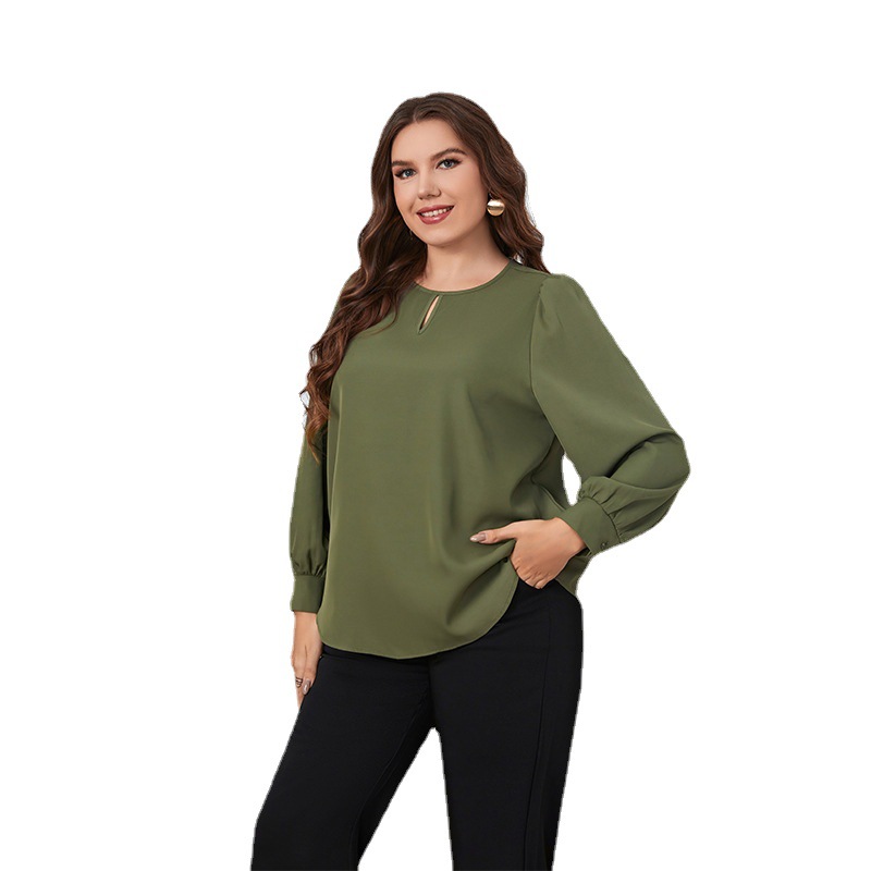 Plus Size Round Neck Blouse for Women早春圆领长袖绿色大码-图3