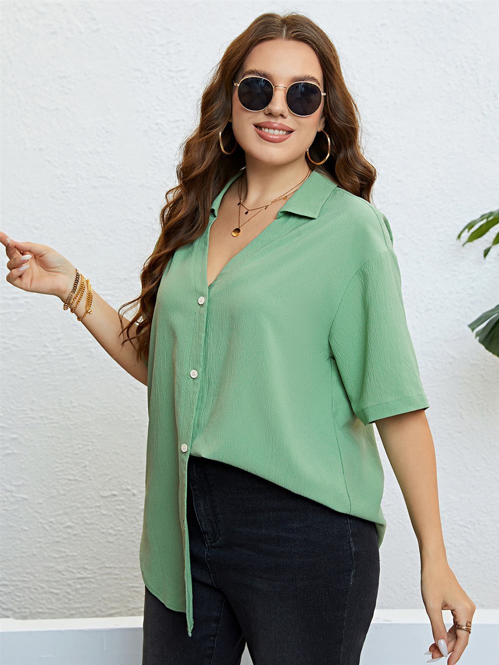 Loose Fit V-Neck Plus Size Summer Casual Blouse for Women - 图1