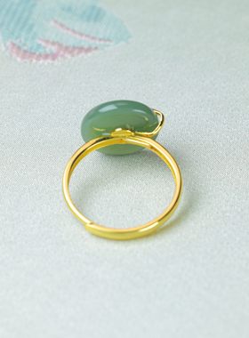 和田玉925银平安扣可调节戒子