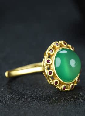 天然A货高冰帝王绿玉髓镀24k真金玛瑙镂空指环女款个性简约戒指