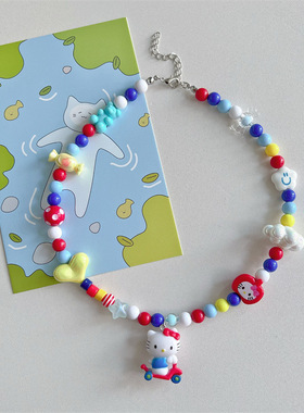 原创可爱卡通踏板kT串珠项链女小众设计感网红甜酷锁骨链配饰女