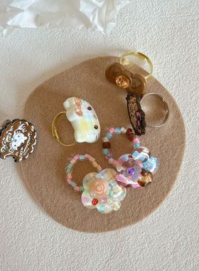 可爱豹纹kitty猫咪蝴蝶结戒指 个性情侣手工亚文化童趣合金指环