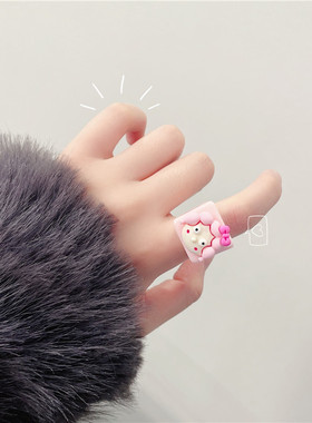 ins亚克力树脂彩色童趣味夸张搞怪人脸指环可爱女孩卡通方块戒指