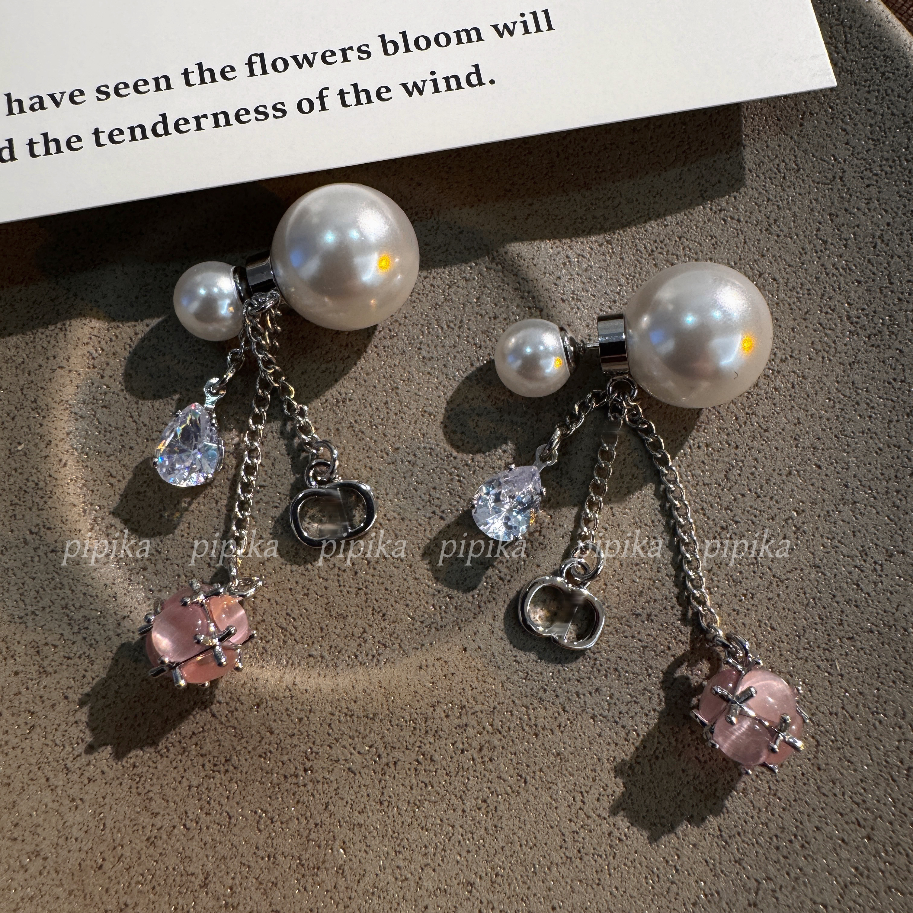 pipi小众D家珍珠粉晶闪钻流苏耳坠耳环耳饰高级轻奢银针超仙超美,淘宝优惠券,粉丝福利购,淘宝优惠卷