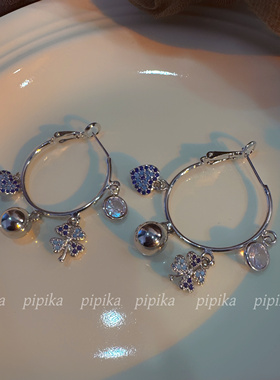 pipi高级定制蓝色满钻幸运四叶草爱心球球耳圈耳环女小众耳饰银针