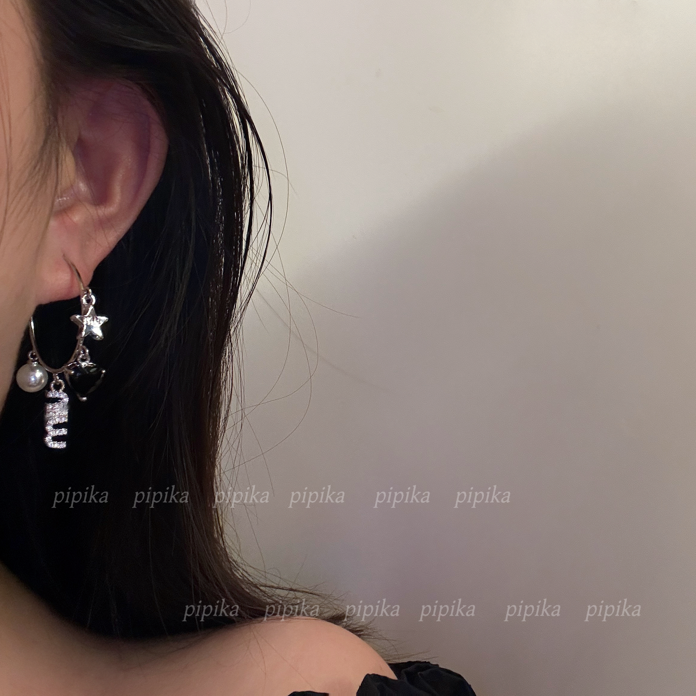 pipi原创独特满钻字母爱心星星耳圈高级感珍珠耳环耳饰冷淡风银针 - 图0