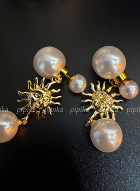 pipi韦雪同款复古浮雕太阳神双面珍珠耳环法式中古风金色垂坠银针