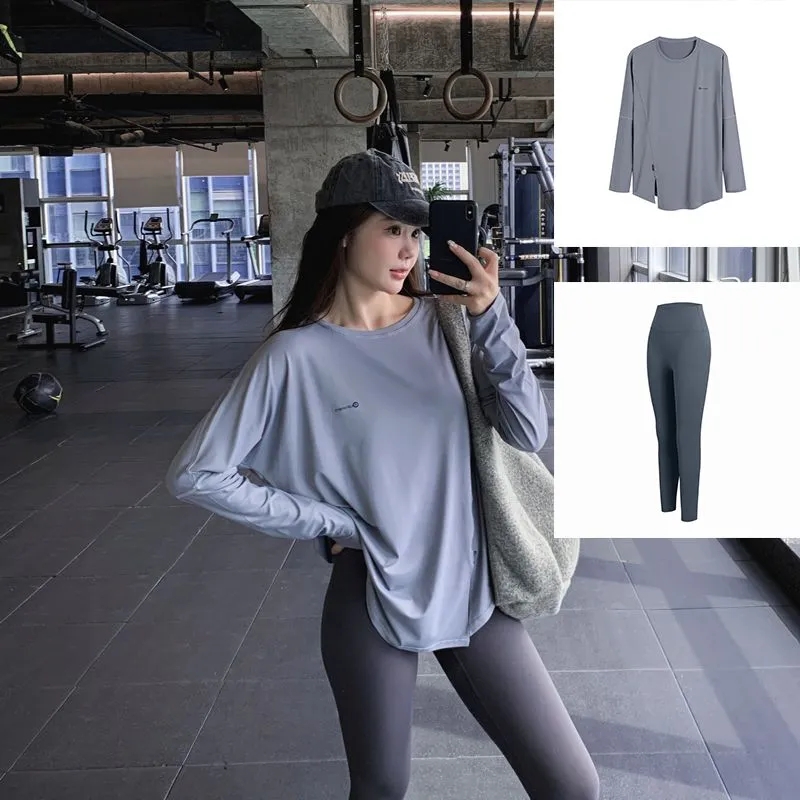 秋冬大码健身瑜伽服长袖宽松中长款遮臀显瘦瑜伽裤运动速干套装 - 图1