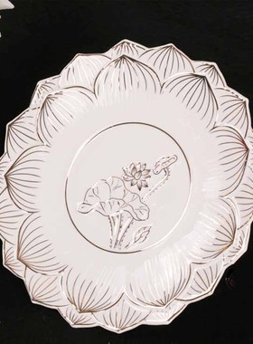 无字描金莲花高脚果碟供果盘