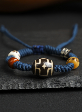 原创三眼天珠手工编绳手虎牙天珠手绳本年年红色编织男女款手链