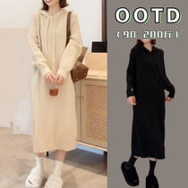 Fat mm Conspiculy Knit Dress Dress 2023 Autumn Winter New Big Yard Korean version loose Lazy Even Cap Hitch Bottom Dress