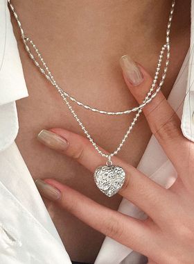 原创设计s925纯银肌理感爱心项链女韩国轻奢高级感双层米粒珠锁骨