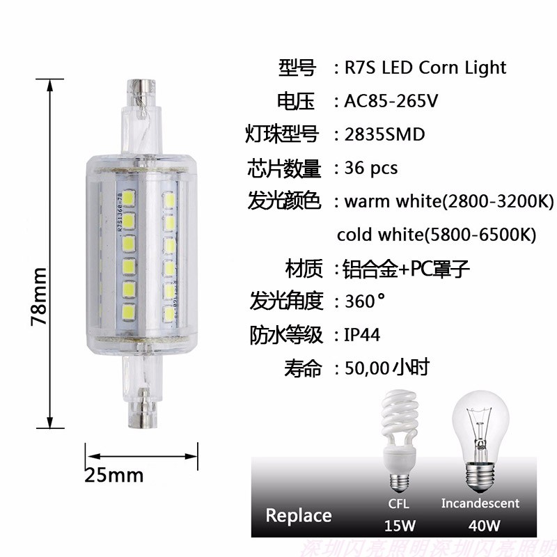 R7S太阳管78mm118mm135mm189mm 金属LED灯泡双端管110V220V无频闪 - 图1