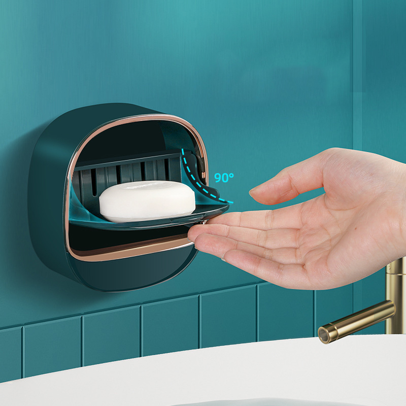 肥皂盒吸盘挂壁式卫生间香皂盒家用免打孔带接水盘翻盖防淋水皂盒 - 图2