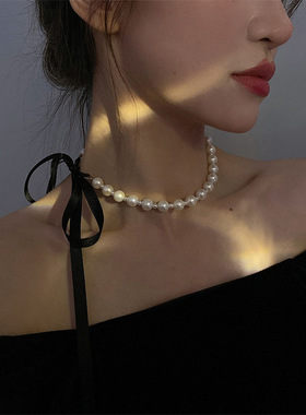 法式复古黑色飘带珍珠项链