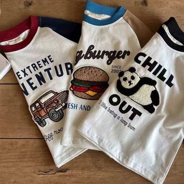 Children's spliced ​​T-shirt long-sleeved spring boy's fashionable top contrasting color trendy baby cartoon base shirt for women pure cotton