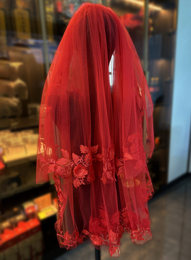 新娘红盖头出嫁结婚中式婚礼半透明纱头纱秀禾服红色头纱头饰新品
