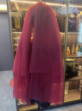 新娘结婚主婚纱头纱秀禾服红色头纱配饰复古酒红色双层拍照头纱