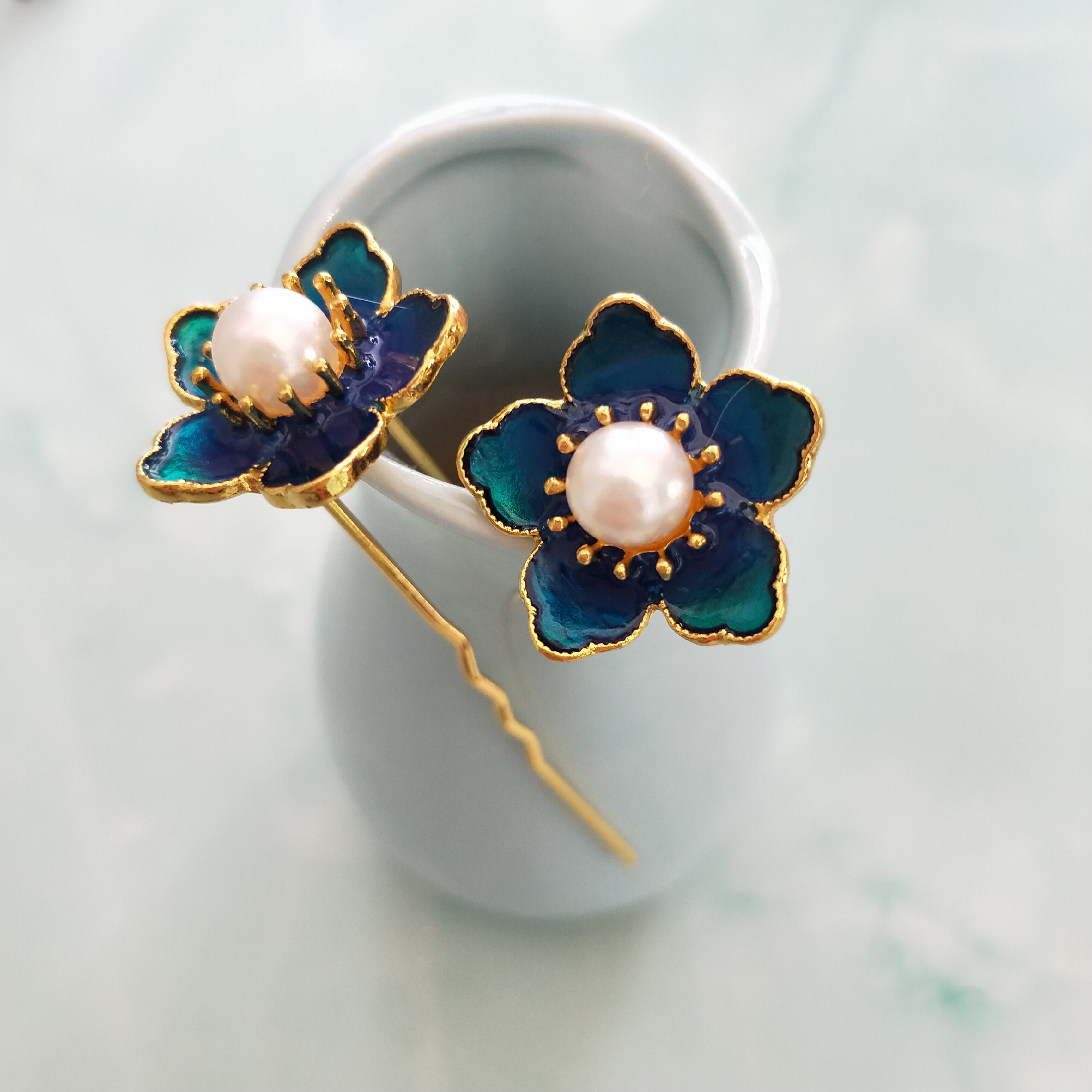 一对价多色景泰蓝滴油百搭基础小花簪发钗点缀仿点翠五瓣花烧蓝 寻迹手作原创国风 淘优券