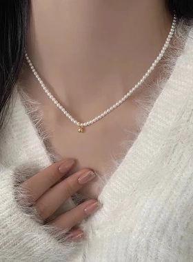施家珍珠项链女小众轻奢设计高级感时尚气质锁骨链颈链毛衣链珠链