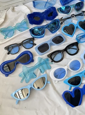 2025新款多边形猫眼蓝色多巴胺爱心墨镜防晒凹造型街拍太阳眼镜女