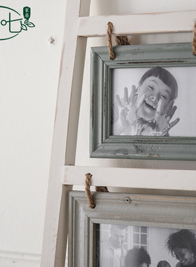 复古做旧梯子相框客厅电视柜旁实木摆件ins风梯形靠墙古典装饰画