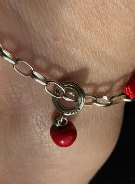 圣诞纯银红苹果可调节红绳手链女