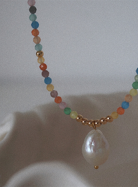 天然巴洛克珍珠撞色猫眼石项链女