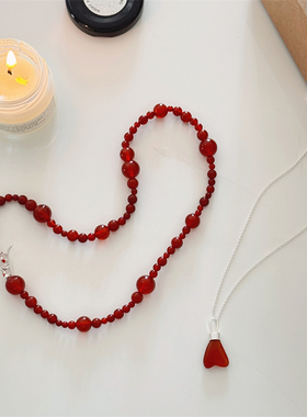 天然红玛瑙纯银复古氛围感锁骨链