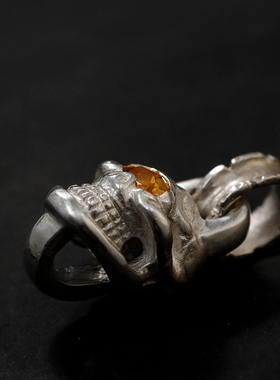 三沐饰家 手工高山隆 925纯银镶嵌黄水晶切割眼骷髅吊坠项链挂坠