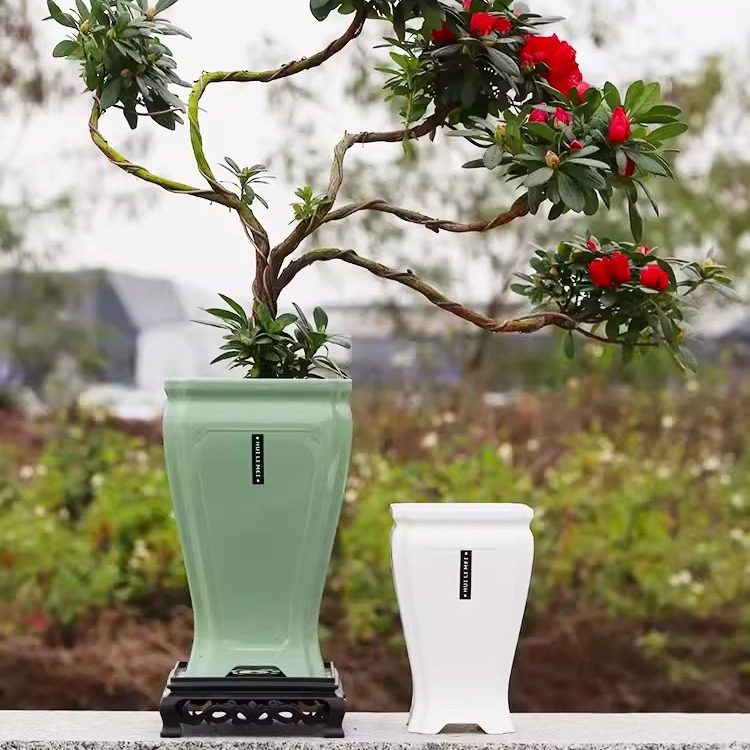 中式古典塑料仿瓷兰花盆仿青瓷蝴蝶兰花盆桌面高脚透气花瓶送托盘,淘宝优惠券,粉丝福利购,淘宝优惠卷